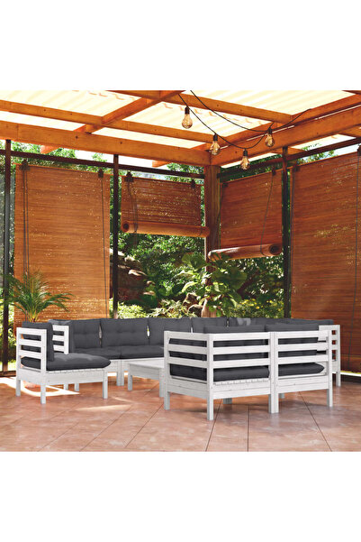 vidaxl Set mobilier gradina cu perne, 10 piese, alb, lemn masiv pin