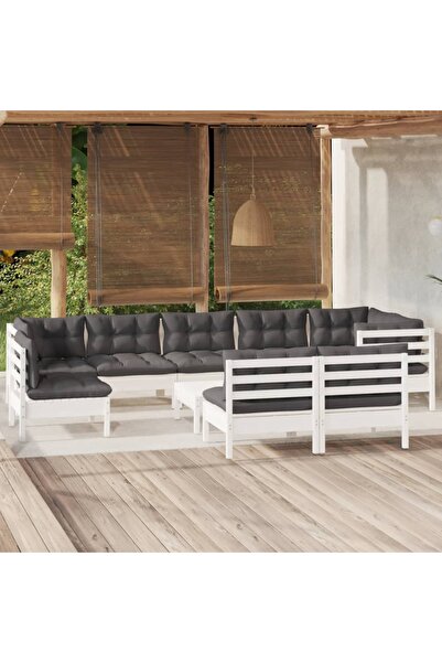 vidaxl Set mobilier gradina cu perne, 10 piese, alb, lemn masiv pin
