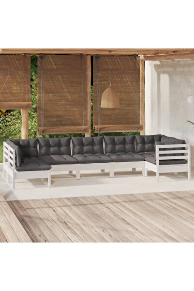 vidaxl Set mobilier de gradina cu perne, 7 piese, alb, lemn de pin