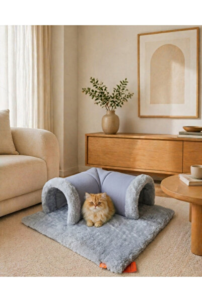 LAVİSTA Peluş Kedi Tüneli Yatak Gri , Kedi Oyun Alanı, Uyku Evi, Tünelli Kedi...
