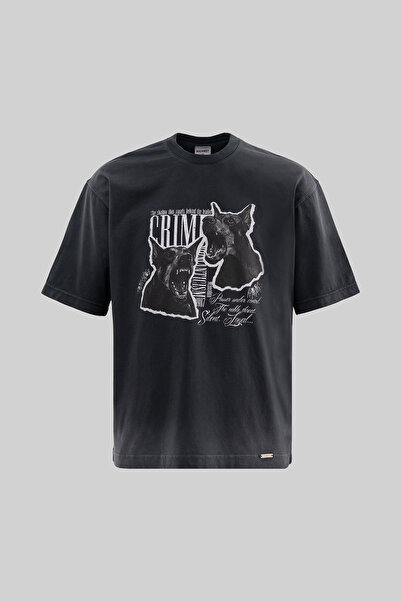 Machinist Erkek Dog Printed Oversize Tişört Siyah