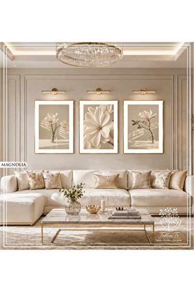 Tablomtr Magnolia - Dijital Baskılı Gold Metal Çerçeveli Gerçek Camlı 3'lü De...