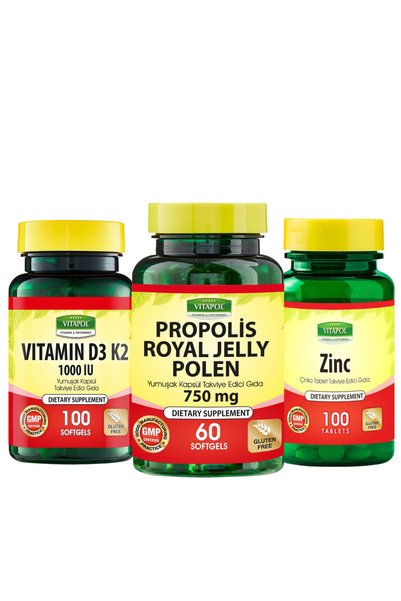 Vitapol بروبوليس، D3K2، حزمة دعم المناعة بالزنك، عبوة من 3 قطع
