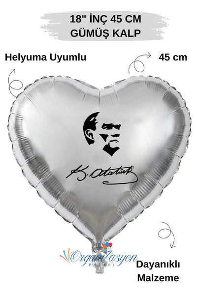 Organizasyon Pazarı 18 Inch Silver Heart Foil Balloon |   Ataturk Printed |  ...