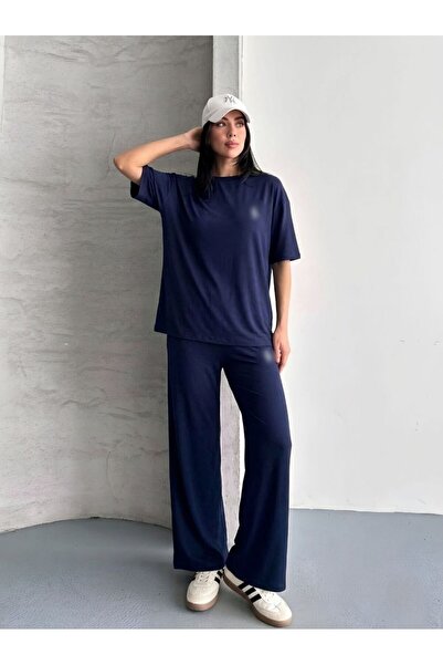 mylunessa P0L Navy Blue Short Sleeve Modal Tracksuit Set