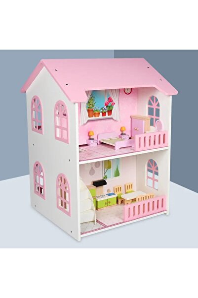 Toybox بيت دمى خشبي للأطفال والبنات، فيلا للعب التخيلي مع مجموعة أثاث، 60×45×...