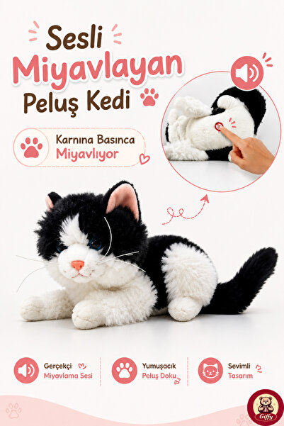 giffy Oyuncak Sesli Miyavlayan Peluş Kedi 36 CM Karnına Basınca Ses Çıkaran Y...