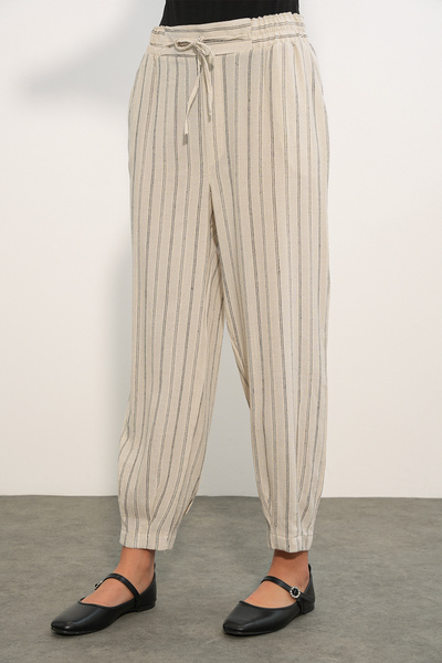 buğrahayalin Women's Striped Linen Black Trousers with Tie Waist