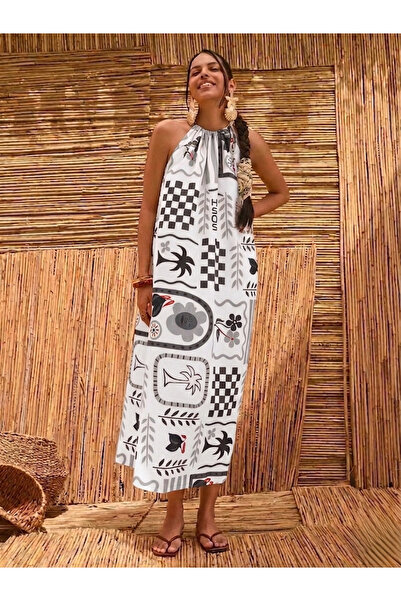 mass fashion Kadın Keten Boyundan Bağlamalı Desenli Şık Uzun Elbise