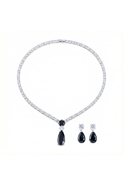 Raizel Set colier si cercei cu pietre negre din zirconiu, Gladys Black