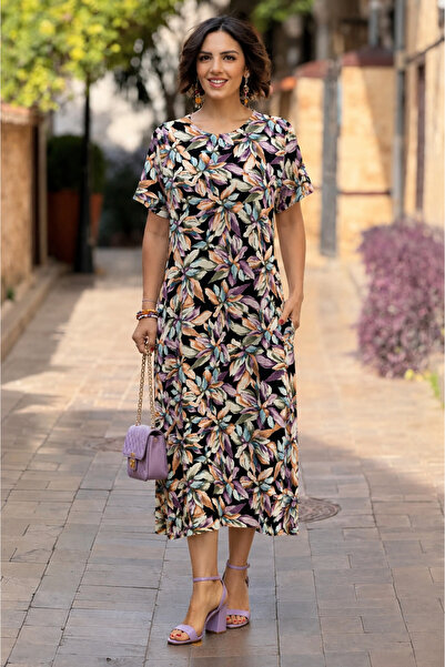 Nevin Kaya Moda Black Purple Lily Patterned Combed Cotton Dress - P1