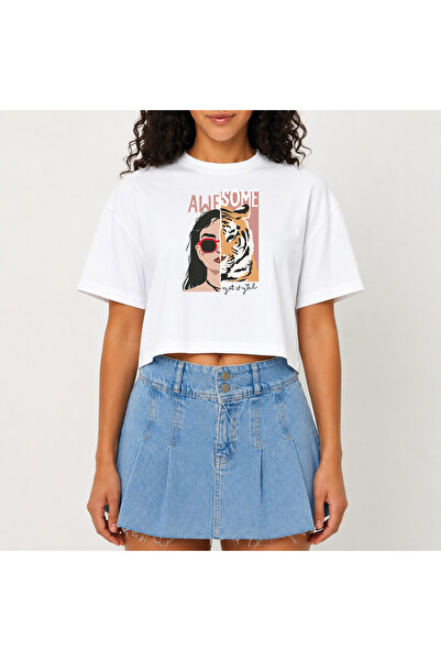 URBANTRENDSTORE Crop T-shirt Λευκό με εντυπωσιακό σχέδιο λεοπάρ, άνετη εφαρμο...