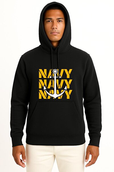 Bahriyeli Collection Hooded Trio Navy Anchor Chest and Back Printed Unisex Sw...