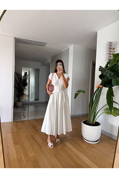 MERVE AKSOY Belden Oturan Midi Poplin Elbise - Beyaz