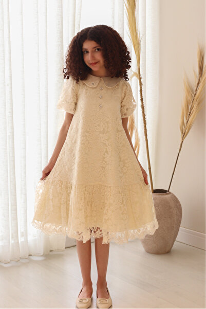 Totikids Girls' Off-White Lace Floral Dress with Embellished Collar and Luxur...