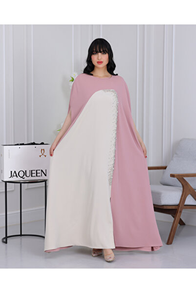 JAQUEEN جلابية وردي ملكي وبيج بتطريز فاخر