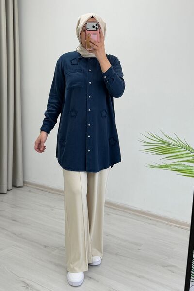 T Moda Store Noşhe Tansel Kumaş Yıldız Detaylı Çıtçıt Düğmeli Gömlek