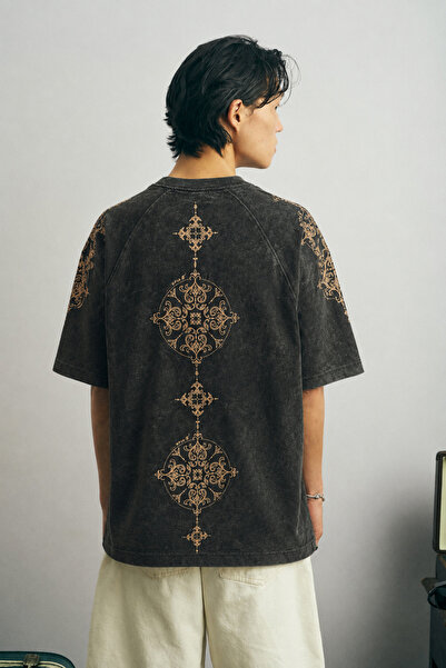 Chirkef Unisex Anthracite Oversize 100% Cotton Back and Front Brown Printed C...