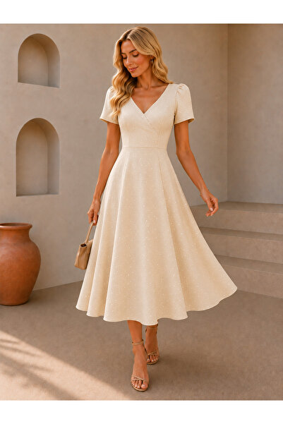 Nulivez Women's Double Breasted Collar Midi Dress with Stone Detail