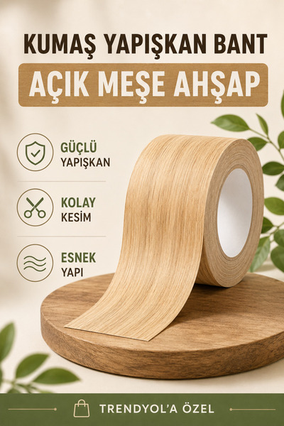 Aybas Açık Meşe Ahşap Desenli Kumaş Yapışkan Bant – Kendinden Yapışkanlı Mobi...
