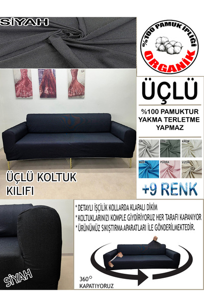 İLYEVTEKSTİLİ 100% Cotton Honeycomb Textured Fabric 1 Piece Three-Seat Sofa C...
