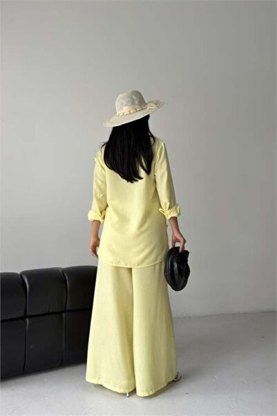 Dipmoda Women's Yellow Floral Appliqué Double Linen Fabric Set Dpms2642