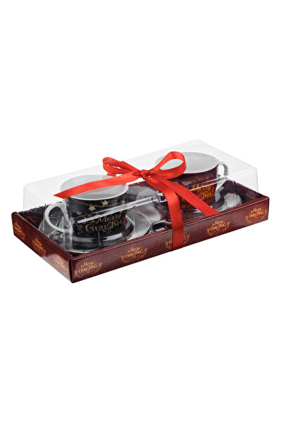 Zumzeria Christmas Set of Black and Red Porcelain Mugs with Messages & Plates...