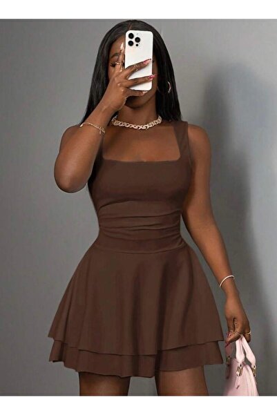 MEGOMEL Women's Square Collar Layered Skirt Detailed Design Mini Dress