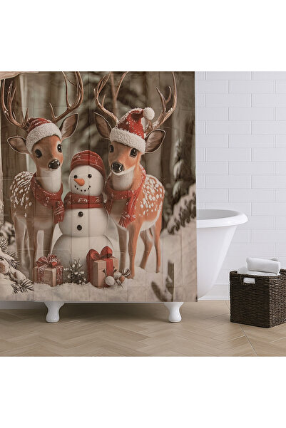 Zumzeria Christmas Shower Curtain with Snowman & Reindeer Design 180x180cm