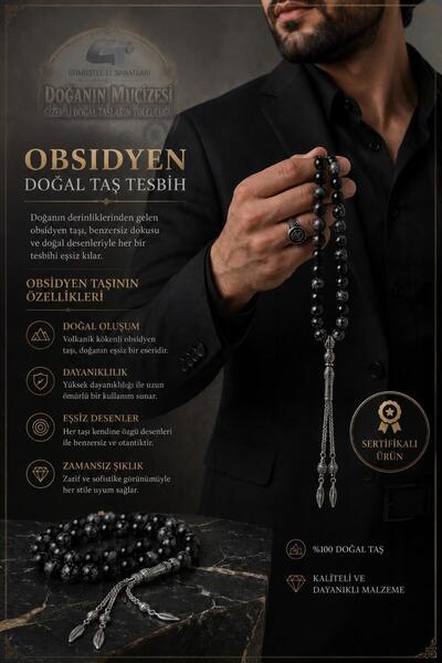 GÜMÜŞTEL EL SANATLARI سبحة من حجر الأوبسيديان الطبيعي المعتمد