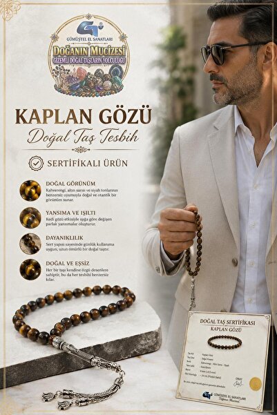 GÜMÜŞTEL EL SANATLARI Certified Tiger Eye Natural Stone Rosary