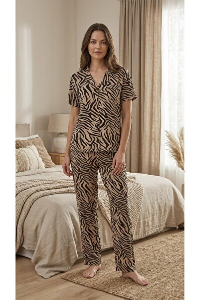 ÇAĞRI HOMEWEAR Çağrı 52640 Beige Black Zebra Pattern Buttoned Shirt Pajama Set