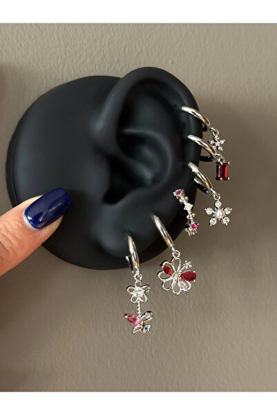h&b design jewel Çelik Silver Kırmızı Çiçekli 6 Lı Küpe Seti