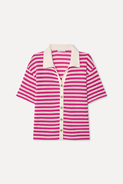 Mudo Women's Pink Striped Loose Fit Short Sleeve Shirt