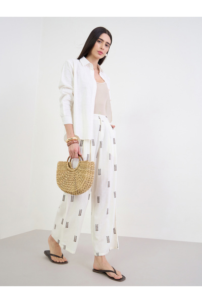 Styli Off White Embroidered Wide Leg Pants