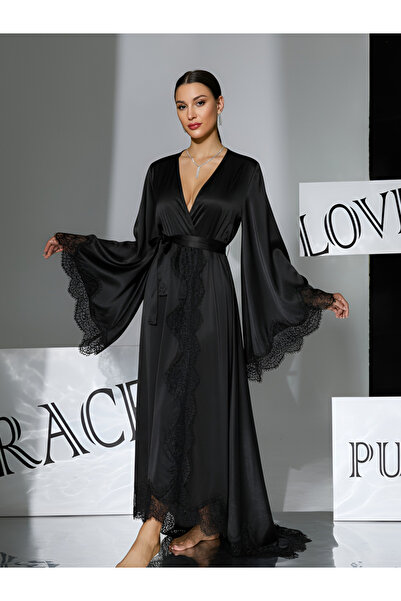 Take Two By Styli Black Lace Trim Long Sleeve Robe