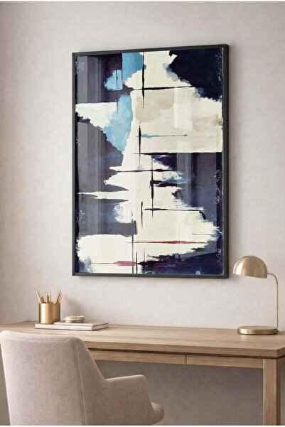 Zevahir Mobilya Dekorasyon Navy Blue, Cream, and Blue Tones Abstract Glass Pa...