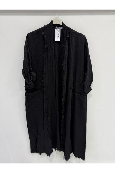 della moor Women's Black Italian Cut Foldable Sleeves Oversize Long Linen Kaf...