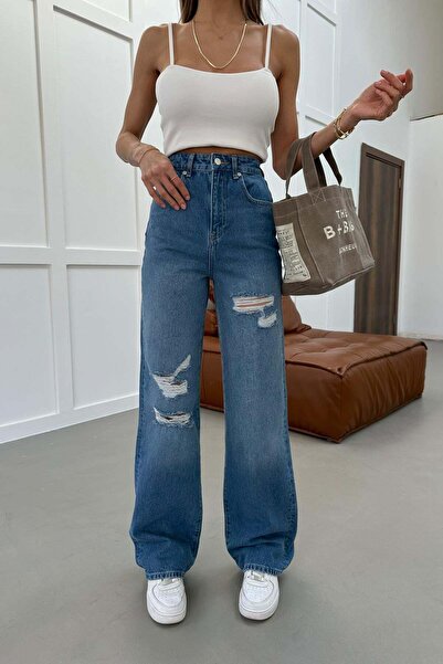 mylove Ripped Wide Leg Jeans Blue
