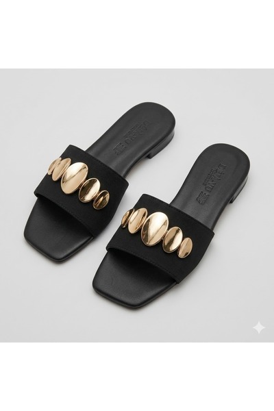 KİNDEP (Park Moda) Button Detailed Casual Women's Slippers Black