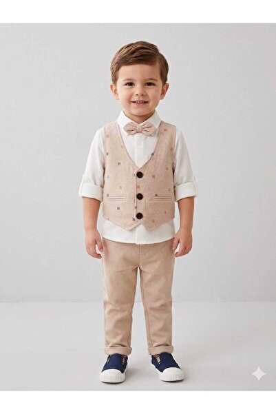 Minitrio 3-Piece Set with Bow Tie, Vest and Shirt, Beige Boy's Suit