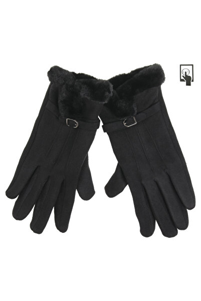 Zumzeria Black Gloves with Faux Fur & Strap for Touch Screens for Women