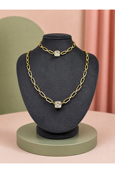MUAS Gold büyük taşlı Kolye ve Bileklik set