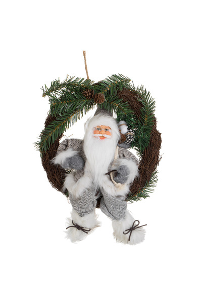 Zumzeria Decorative Wooden Wreath with Santa Figurine in Gray Clothes 30cm