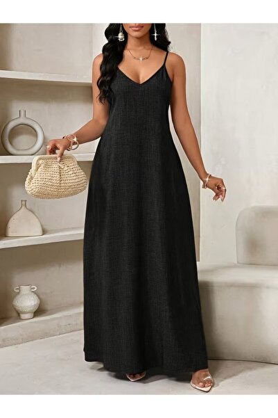 JANES Women's Rope Strap V-Neck Long Dress with Pocket Detail