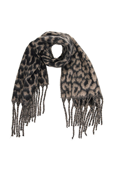 Zumzeria Eșarfă bej și neagră cu imprimeu leopard și franjuri lungi 200x57cm ...