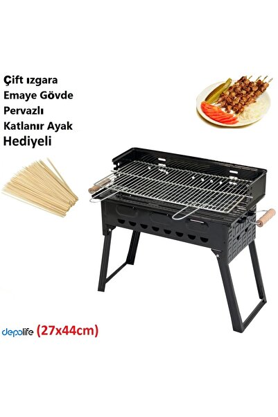 Depolife Emaye Mangal Katlanır Ayaklı Kömürlü Barbekü Çift Izgara 27x44cm Gri...