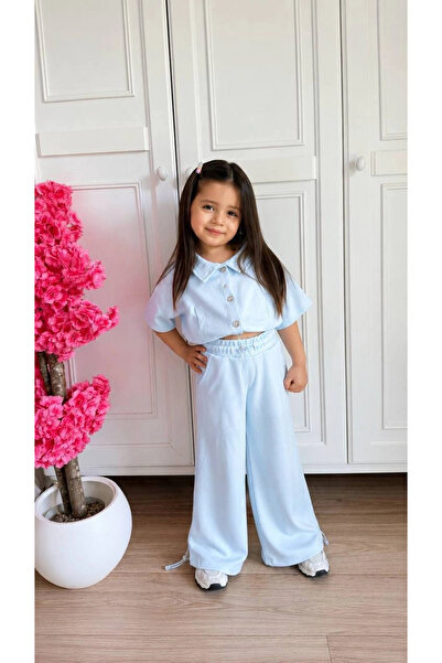 Kidmark Çocuk Modası طقم علوي وسفلي باللون الأزرق مع ياقة مفصلة للفتيات