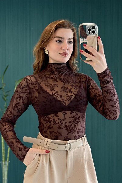 Raneel Kazançlı Alışveriş Women's High-Neck Transparent Floral Detailed Tulle...