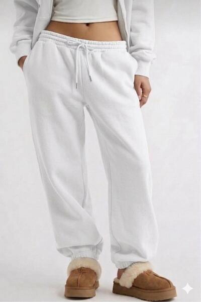 NO 601 Women's White High Waist Thick Fleece Lined 3 Thread Jogger Sweatpants